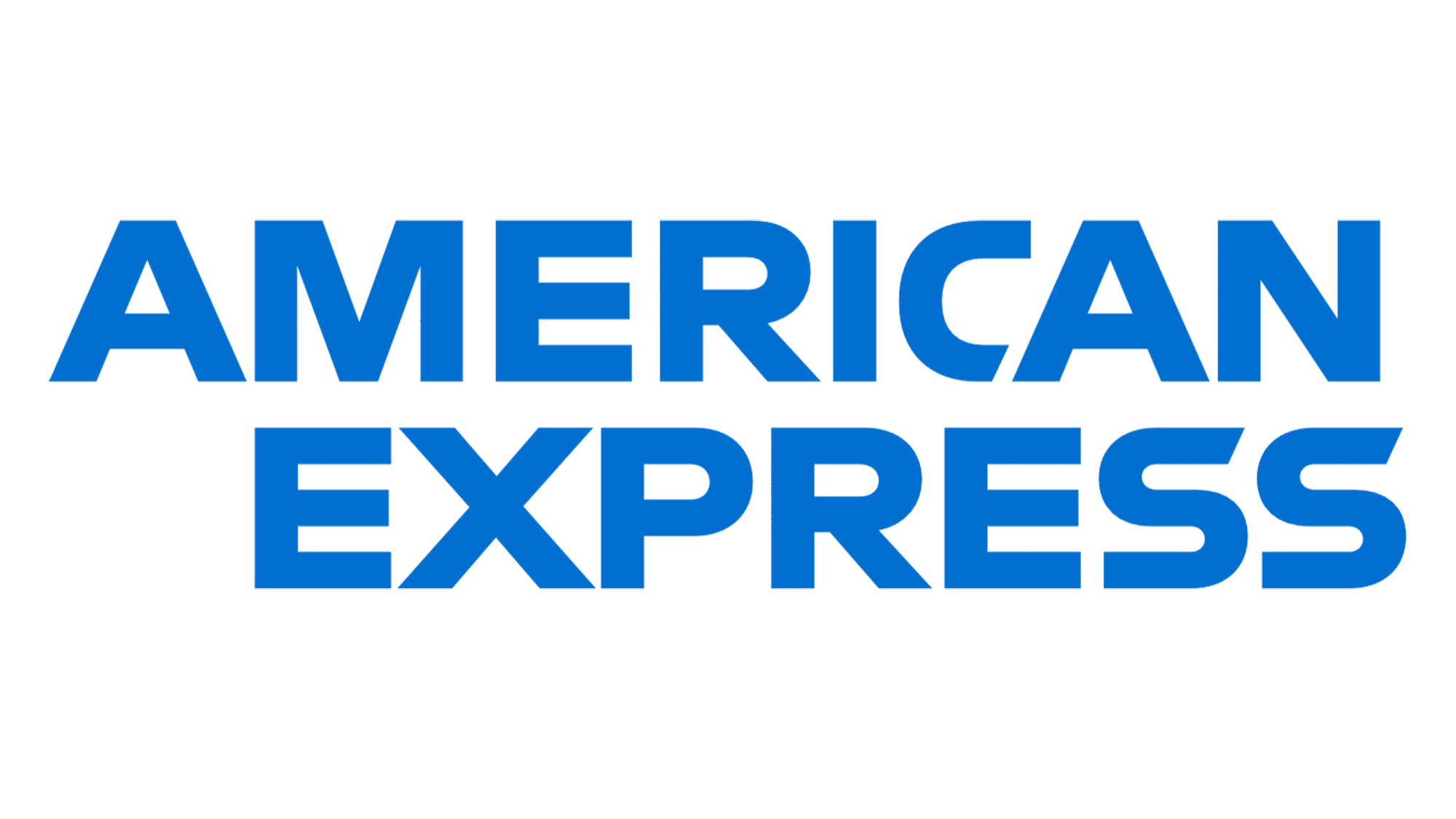 American Express blue logo, two-line wordmark on a green background